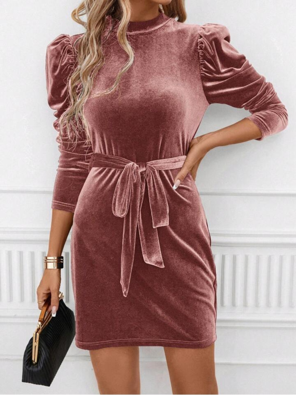 Classy Velvet Ruffle Sleeve Belted Dress Dusty Rose Size Lrg New w/o Tag